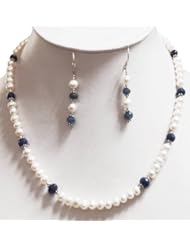 Single Strand Elegant Natural Graceful Pearl & Sapphire Beaded Necklace with Free Earrings