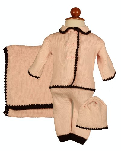 Girl's Pink Double Breasted 4 Piece Sweater Set with Brown Trim