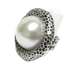 Large Burnished Metal Faux Pearl Stretch Ring