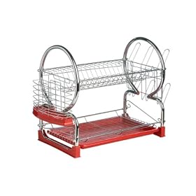 Premier Housewares Chrome 2-Tier Dish Drainer with Red Removable Drip Tray