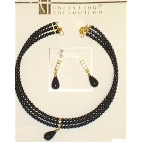 Three Strand Fine Onyx Pearl Choker Necklace Gold Locket Matching Earrings for Teens