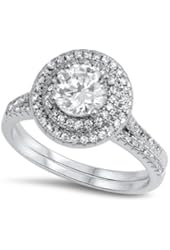 925 Sterling Silver Simulated Diamond Round Halo Designer Ring 6MM