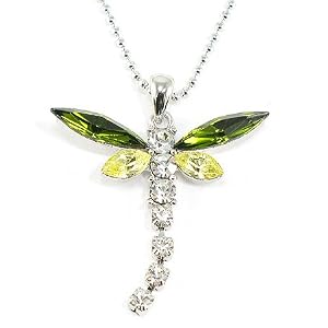 Beautiful Large Green and Ice Crystal Dragonfly Charm Necklace Silver Tone Tail Moves