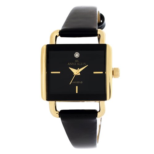 AK Anne Klein Women's Diamond Accented Gold-Tone Black Leather Watch #108878BKDB