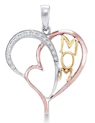 .925 Sterling Silver Plated in White Gold Rhodium White Yellow and Pink Tri Color Gold MOM Heart Channel Set Round Diamond Pendant - (.08 cttw)