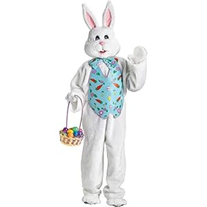 FunWorld Bunny Deluxe Adult Costume White with Blue Easter Vest and Mascot Head, Large