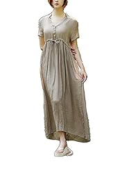 V-neck Summer Pleated Short Sleeves Linen  Dress