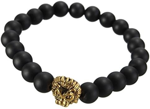 8mm Gold Lion Head Matte Stone Bead Elastic Hand Bracelet
