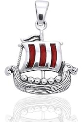 Drekkar - Viking Longship Sterling Silver with Red Enamel Pendant