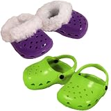 2 Pair of Fun Polliwog Doll Sandals: Purple with Fur Trim and Lime Green, Doll Shoes for 18 Inch Dolls, Fits American Girl Dolls