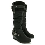 Spy Love Buy Leather Shearling Sheepskin Style Wedge Heel Biker Knee Boots Katrina