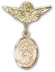 14K Gold Baby Badge with St. Sebastian Charm and Angel with Wings Badge Pin