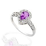 DAZZLING GENUINE AMETHYST & DIAMOND PEAR RING 14K GOLD