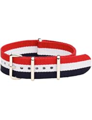 20mm Classic SS Nylon Striped Red / White / Blue - Easily Interchangeable Replacement Military Watch Band / Strap - Fits All Watches!!!
