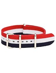 18mm Classic SS Nylon Striped Red / White / Blue - Easily Interchangeable Replacement Military Watch Strap / Band - Fits All Watches!!!