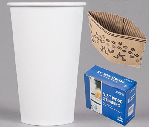 Office Coffee Set 100 White Poly Paper 16oz Coffee Cups, 100 Wood Stirrers, 100 Sleeves