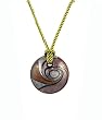 Necklace - N434 - Round Murano Glass ~ Purple, Green, Copper and Silver hung on Triple Strand Twisted Olive Green Satin / Silk Cord + 2" Extension Chain (17")