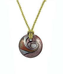 Necklace - N434 - Round Murano Glass ~ Purple, Green, Copper and Silver hung on Triple Strand Twisted Olive Green Satin / Silk Cord + 2" Extension Chain (17")