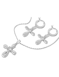 Sterling Silver CZ Petal Armed Latin Cross Earring & Necklace Set