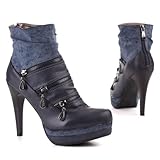 Damen Schuhe, STIEFELETTEN, BOOTS STIEFEL, 36-M02364C, Synthetik in hochwertiger Leder Optik und Wild Leder Optik, Blau, Gr 36