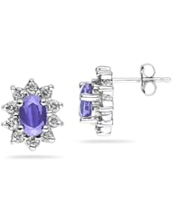 6X4mm Oval Shaped Tanzanite and Diamond Flower Earrings in 14k White Gold