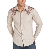 Vintage Red Men's Flocked Autumn Leaves Long Sleeve Shirt, Chino, Medium