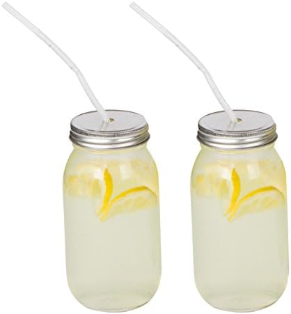 Mason Jar Drinking Glass with Straw and Lid - By Kitchinspirations (24oz. Set of 2)