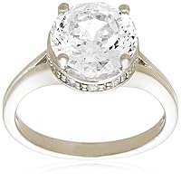 Platinum Plated Sterling Silver 100 Facets Collection Solitaire Cubic Zirconia Ring, Size 7