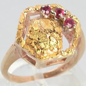 Retro 10K Yellow Gold and 24K Gold Nugget Ruby Ring, Circa 1940 by 15