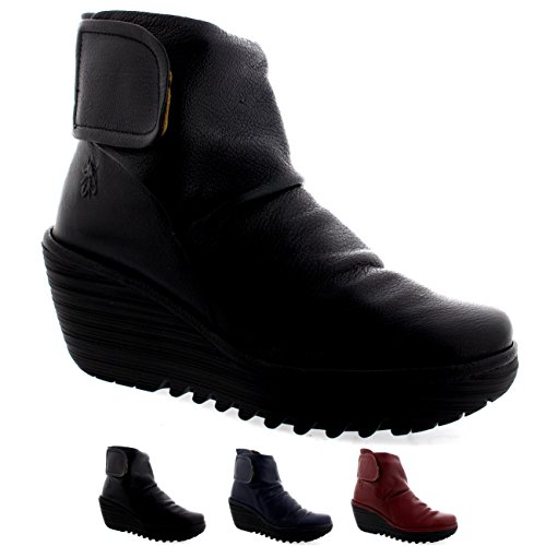 Womens Fly London Yegi Leather Velcro Fashion Wedge Heel Ankle Boots