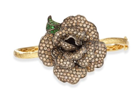 18k Gold Champagne Diamond Flower Bangle