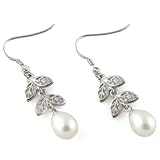 White Fresh Water Pearl And Sterling Silver 925 Leaf Design Dangle Earrings
