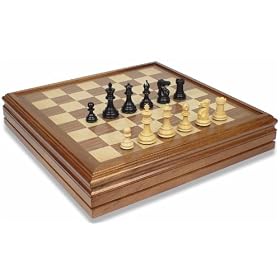 New Exclusive Staunton Chess Set in Ebonized Boxwood & Boxwood with Walnut Chess & Backgammon Case - 3" King