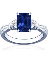 14K White Gold Emerald Cut Blue Sapphire Three Stone Ring