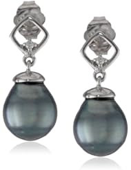 10k White Gold, Black Tahitian Cultured Pearl (8-8.5mm), and Diamond Accent Earrings