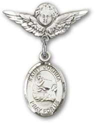 Sterling Silver Baby Badge with St. Joshua Charm and Angel with Wings Badge Pin
