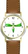 Green Dragonfly or Dragon Fly - JP - WATCHBUDDY&reg; DELUXE TWO-TONE THEME WATCH - Arabic Numbers - Brown Leather Strap-Size-Children's Size-Small ( Boy's Size & Girl's Size )