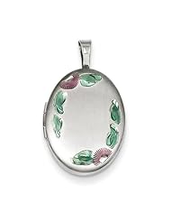 Sterling Silver With Enamel Flowers 19mm Oval Locket