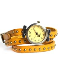 YesurpriseWeave Fashion Rivet Weave Wrap Around Leather Retro Bracelet Woman Wrist Watch Gift Yellow