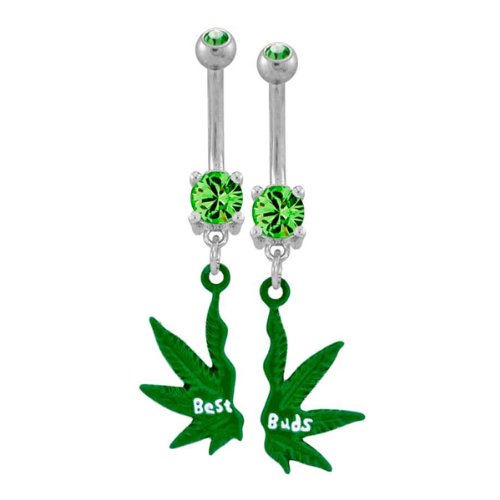 316L Implant Grade Surgical Steel Peridot Prong Set Belly Ring with Mini Best Buds Pot Leaf Broken in Two – 14g (1.6mm), 3/8″ (10mm) Length, 4x6mm Gem/Dangle Size – Sold as a Pair