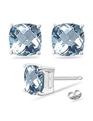 3.00 Cts of 7 mm AAA Cushion Checker Board Aquamarine Stud Earrings in 14K White Gold