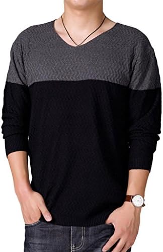 BFHY Men's Two Tone V Neck Cotton Jumper Slim Pullover Sweater Grey/Black M