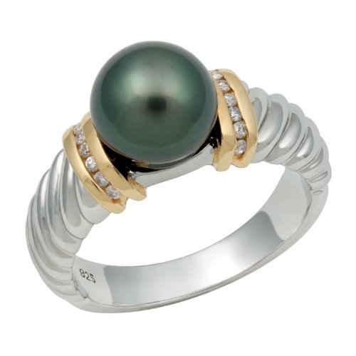 14K Yellow Gold and .925 Sterling Silver Tahitian Black Pearl and Diamond Ring TR-10001-AM