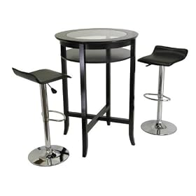 Round Pub Wood Glass Table with Shelf, 2 Swivel Stool