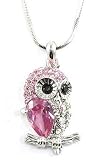 Adorable Pink Crystal Jeweled Small Owl on Branch Pendant Necklace Silver Tone