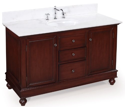 Bella 48-inch Bathroom Vanity (White/Brown), Includes Cabinet with Marble Countertop, Ceramic Sink, and Chrome Faucet