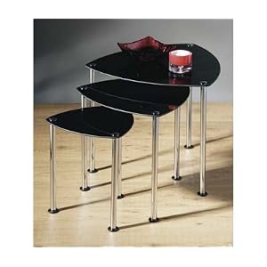 NEW STYLISH NEST OF 3 BLACK GLASS & CHROME COFFEE TABLE