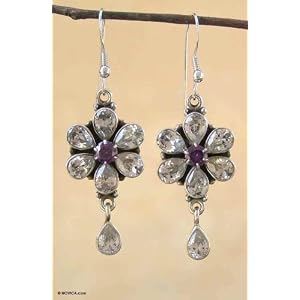 Quartz and amethyst earrings, 'Crystal Flower'