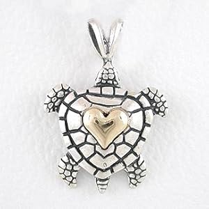 Sea Turtle with Heart Pendant in Sterling Silver and 14kt Gold, #8272