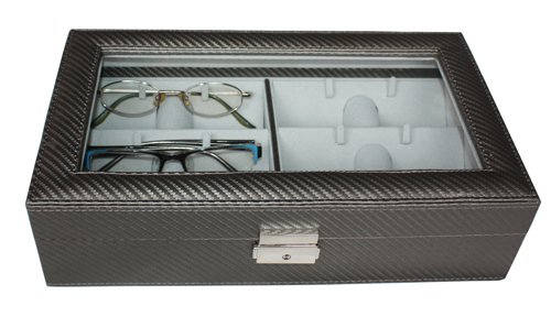 6 Piece Pewter Colored Carbon Fiber Eyeglass Sunglass Glasses Display Case Storage Organizer Collector Box